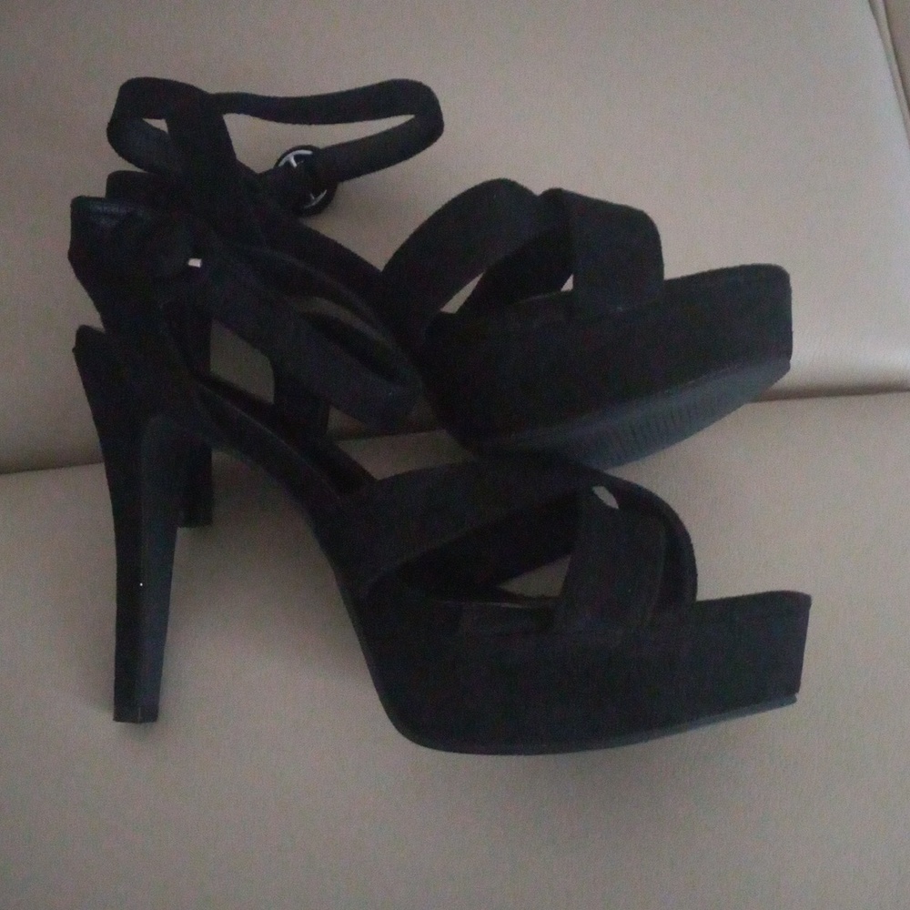 Black Suede Strappy High Heel Sandals - Women Size 39